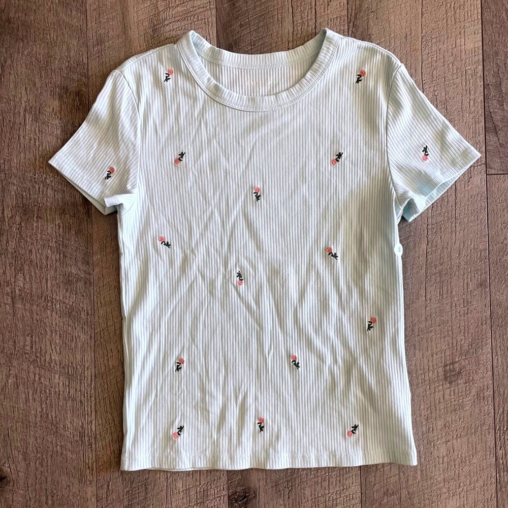 American Eagle Womens Small Light Blue Ribbed Embroidered Rose Floral Tee Shirt